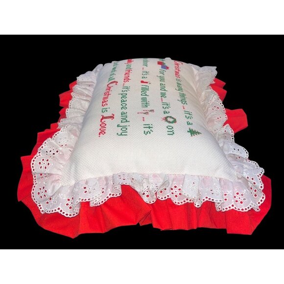 Vtg Christmas Pillow With Embroidered Quote Ruffle Trim 17"x12" - Picture 3 of 5